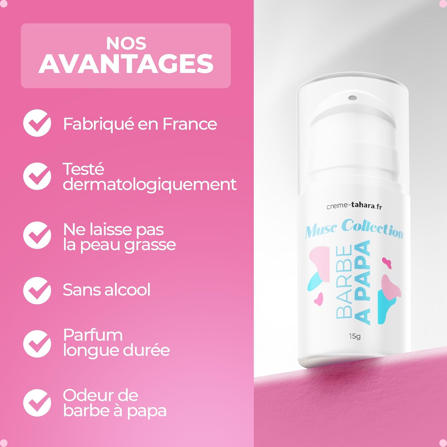Musc Tahara Barbe à papa | Musc intime femme | Parfum sans alcool 15g | Texture épaisse blanche | Made In France | Testé dermatologiquement