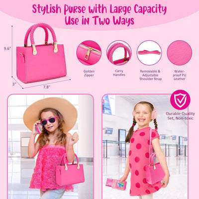 Sac à Main pour Tout-Petits Filles avec Accessoires - Maquillage pour Enfants, Casque, Portefeuille, Un téléphone, Lunettes de Soleil, clés, Cartes de crédit, Cadeau pour Les Filles 3+